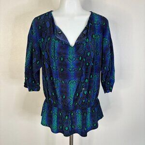 Liz Claiborne Top MP Blue Green Reptile Print Elastic Waist Short Sleeve Blouse